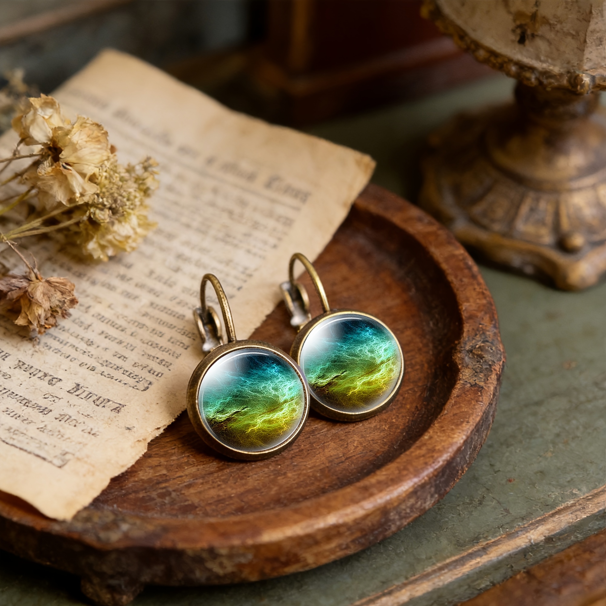 2pc Ancient Teal Classic Earrings Set, Mysterious Design
